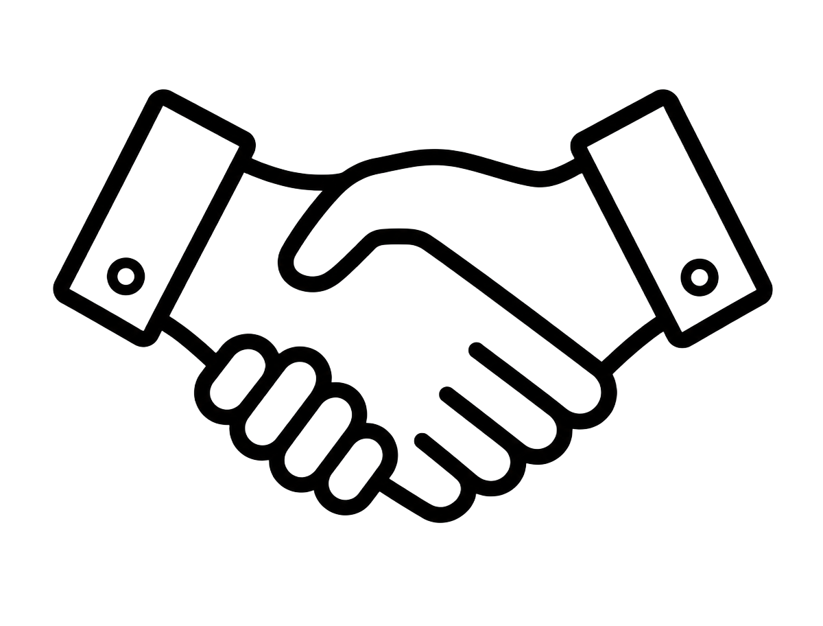 Line-art illustration of two people shaking hands, representing partnership on a construction project